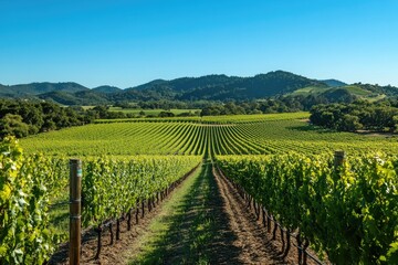 Fototapeta premium Vineyard stretching to a distant mountain range under a clear blue sky