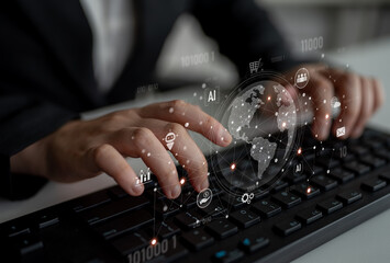 Global AI-powered digital network ecosystem connecting data, finance, analytics, ecommerce,...