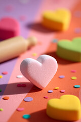 Obraz premium Sweet pink heart stands tall, surrounded by colorful pastel hearts and confetti.