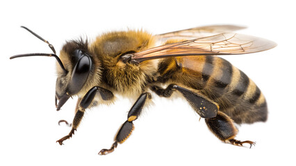 A detailed closeup of a honeybee isolated on transparent background, showcasing its striped abdomen, delicate wings, and fuzzy body