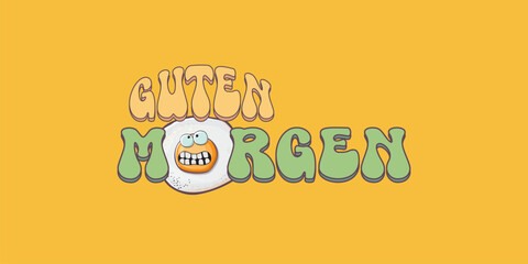 Guten morgen Good Morning in German quote with cute egg character and groovy retro text isolated on pink background. Vector Guten morgen funny slogan and morning cute fried egg. Banner, poster