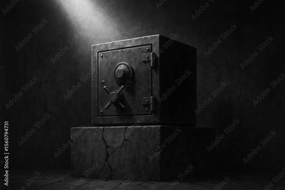 Poster a mysterious black safe illuminated by a single beam of light in a dark environment