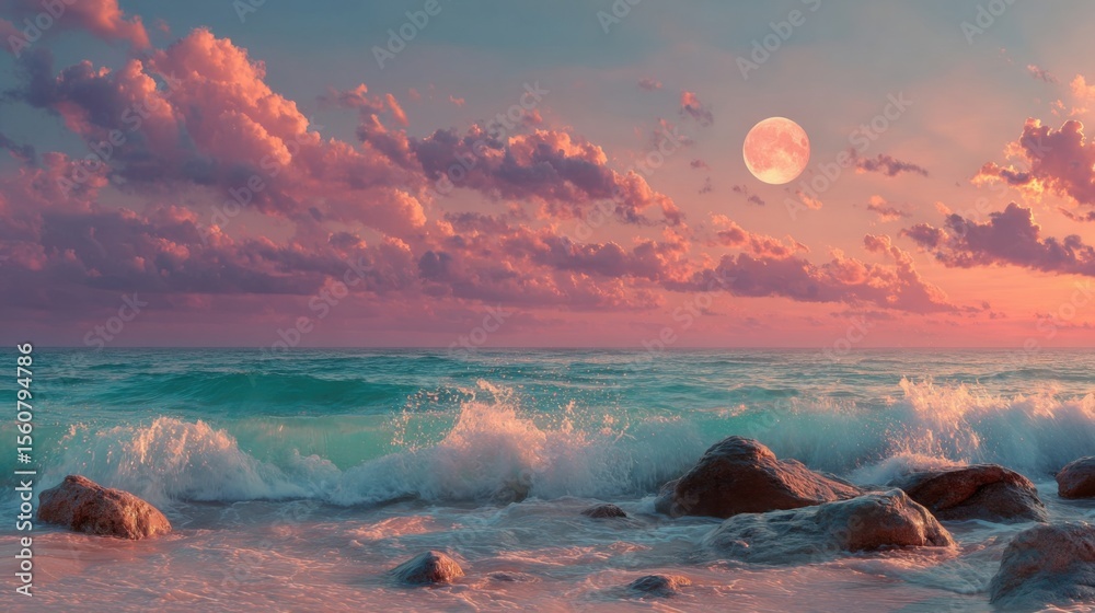 Wall mural a tranquil beach setting during twilight features gentle waves lapping at the shore. vibrant clouds 