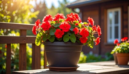 Fototapeta premium Red flowers of begonia in an outside flower pot, planting concept 