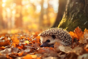 Tiny Hedgehog Curled Up Among Autumn Leaves . Wildlife Background