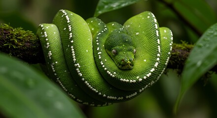 Emerald Green Tree Boa Snake Coiled on Branch Stunning Rainforest Reptile Image