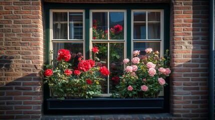 Colorful roses in full bloom decorate a charming window box on a brick building in a quaint neighborhood