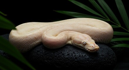 Fototapeta premium Serene Albino Ball Python A Close-Up Image of a Pastel Snake Resting on Rocks