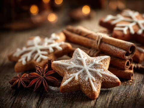 Textured Star Anise and Cinnamon Bredele Composition &ndash; Immersive Dessert Visual for Plant-Based Recipe Branding and Digital Wellness