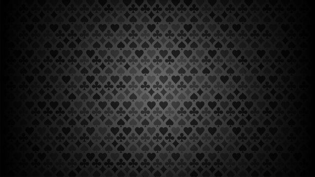 Black background with card suits. Picture spades, hearts, diamonds, clubs. Background for gambling, casino advertising. Vector illustration.