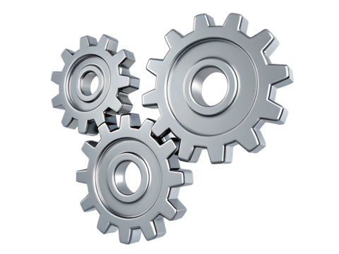 Interlocking metal gears isolated on a transparent background