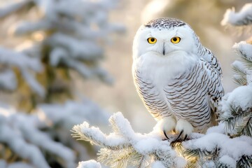 Owl Resting on a Frozen Tree Branch . Wildlife Background