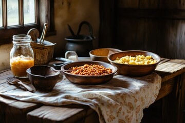 Rustic kitchen scene with wooden bowls of food.  Woodenware,  jars, and utensils on a table.  Sunlight streams in through a window