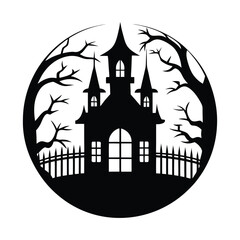 Haunted mansion with gate silhouette vector illustration