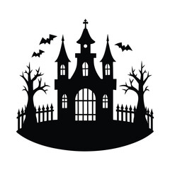 Haunted mansion with gate silhouette vector illustration