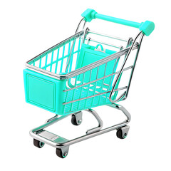 A charming shopping cart graphic in teal and chrome, ideal for e-commerce promotional designs or retail themed branding elements.