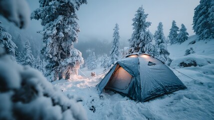 Winter Camping in Snowy Forest