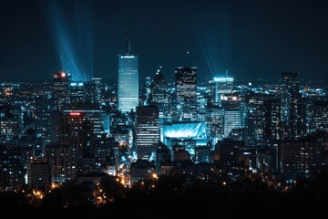 City skyline at night, illuminated by beams of light