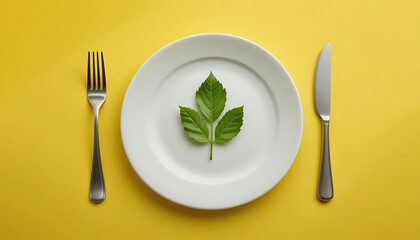Minimalist Vegan Diet Concept – Green Leaf on Plate with Yellow Background
