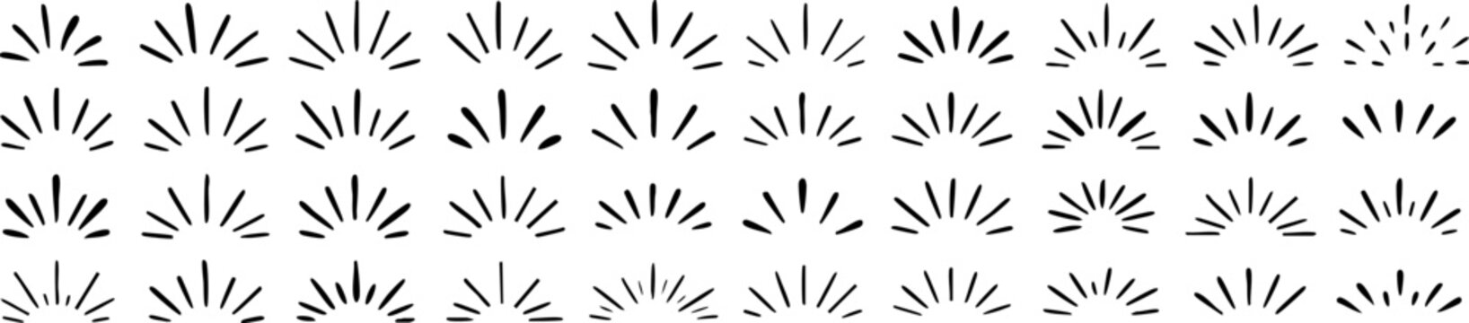 Set of hand drawn sunburst and radial highlight elements in black on transparent background. Ideal for logo design, labels, badges, or decorative graphic accents. Vector EPS 10
