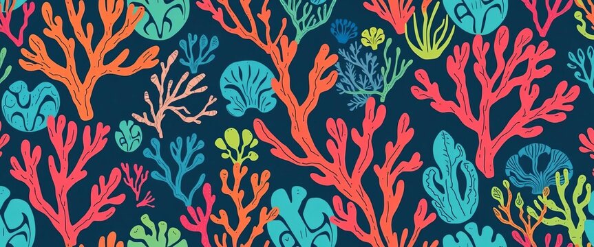 Whimsical hand-drawn coral & algae seamless vector pattern Perfect for textiles, wallpapers, & surface design,  fabric,  underwater