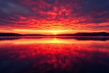Naklejka premium Fiery sunrise over a calm lake, vibrant colors reflected in the water