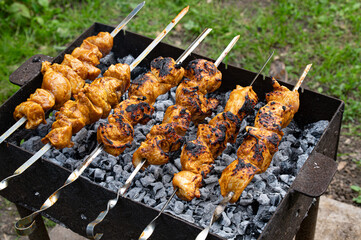 Overhead angle of sizzling meat skewers grilling on a charcoal barbecue outdoors. Golden-brown kebabs with char marks, smoke rising. Appetizing summer food scene, perfect for culinary themes