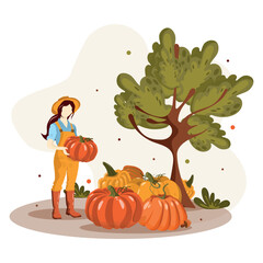 Hello autumn, postcard for design. Warm illustration, girl with a pumpkin, autumn, colorful leaves.