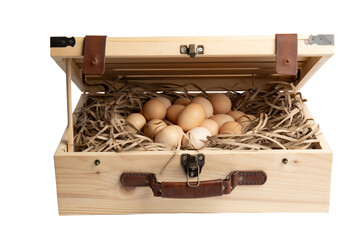 Brown chicken eggs in wooden suitcase – PNG, front view,  isolated on transparent background
