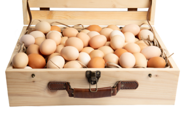 Wooden suitcase full of eggs – front view,  isolated on transparent background, PNG