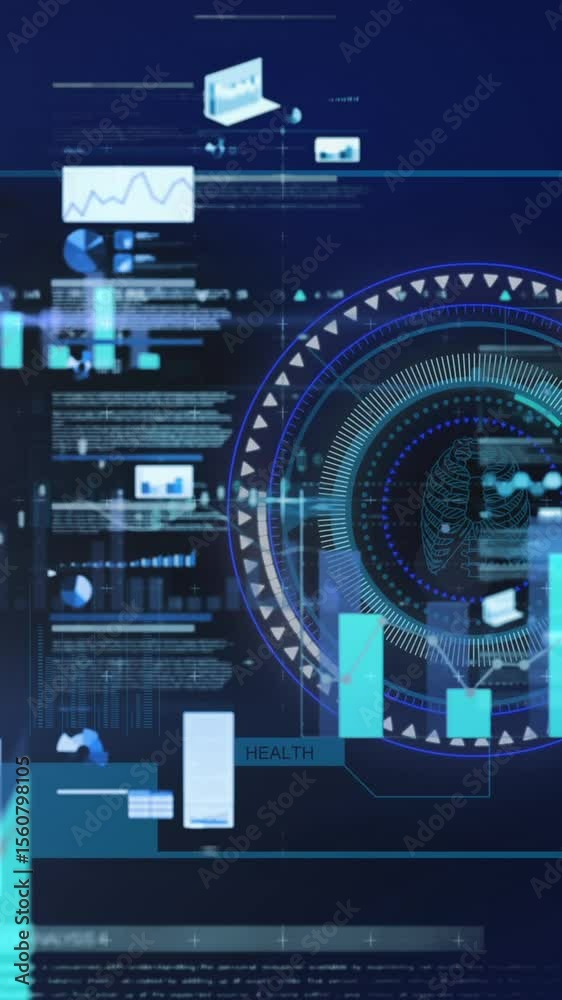 Poster animation of scope scanning and data processing over screen on blue background