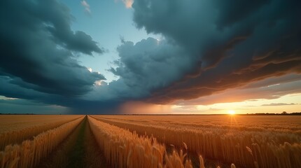  A wide-angle HD photo of storm clouds rolling over a golden wheat field, the contrast between light and shadow intensifying the dramatic mood -