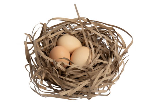 Three brown eggs in shredded paper nest –  isolated on transparent background, PNG, top view
