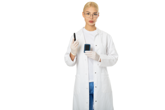 Female doctor with glucometer – isolated on transparent background, PNG, front view