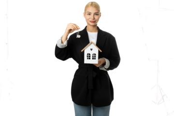 Smiling woman holding house model and keys – real estate concept, isolated on transparent background, PNG, front view