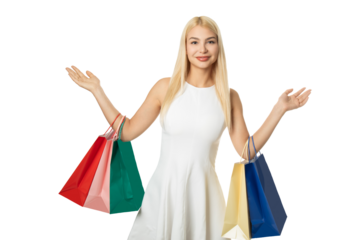 Smiling young woman with shopping bags – isolated on transparent background, PNG, front view