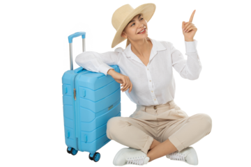 Smiling woman traveler pointing up – isolated on transparent background, PNG, front view