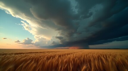  A wide-angle HD photo of storm clouds rolling over a golden wheat field, the contrast between light and shadow intensifying the dramatic mood -