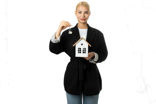 Smiling woman holding house model and keys – real estate concept, isolated on transparent background, PNG, front view - Powered by Adobe