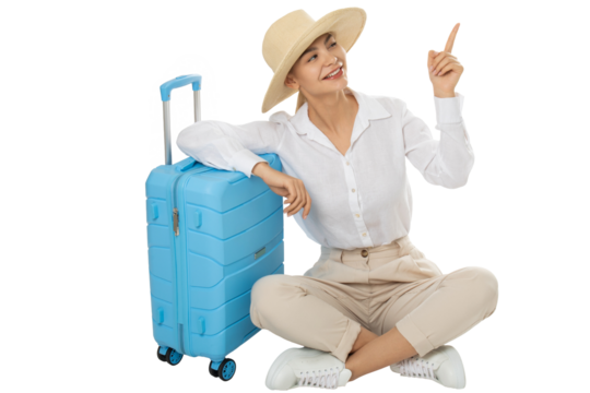 Smiling woman traveler pointing up – isolated on transparent background, PNG, front view - Powered by Adobe