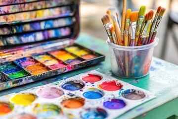 Naklejka premium Colorful paint palettes and brushes on a table