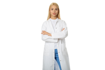Confident female doctor in white coat – PNG, front view, isolated on transparent background