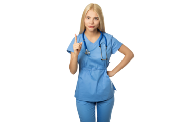 Serious female nurse/ doctor  in blue scrubs pointing finger – PNG, front view, isolated on transparent background
