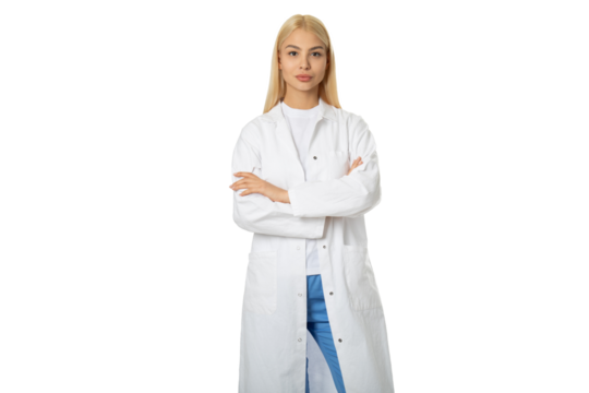 Confident female doctor in white coat – PNG, front view, isolated on transparent background