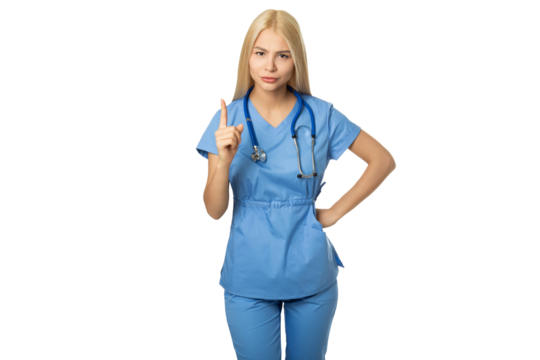 Serious female nurse/ doctor  in blue scrubs pointing finger – PNG, front view, isolated on transparent background
