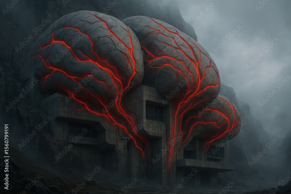 Poster Surreal Architecture: A Monolithic Structure with Brain-like Features and Glowing Red Veins Amidst a Misty Landscape