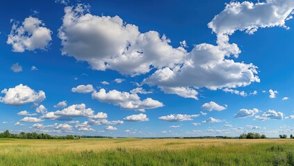 Panoramic view of a vast field under a vibrant blue sky dotted with fluffy white clouds.  A  light green, golden-toned field stretches to the horizon
