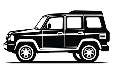 Black and White Illustration of a Boxy FourDoor SUV with Wheel Details