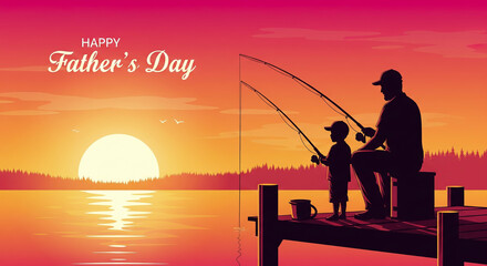Father and son fishing together at sunset for father s day