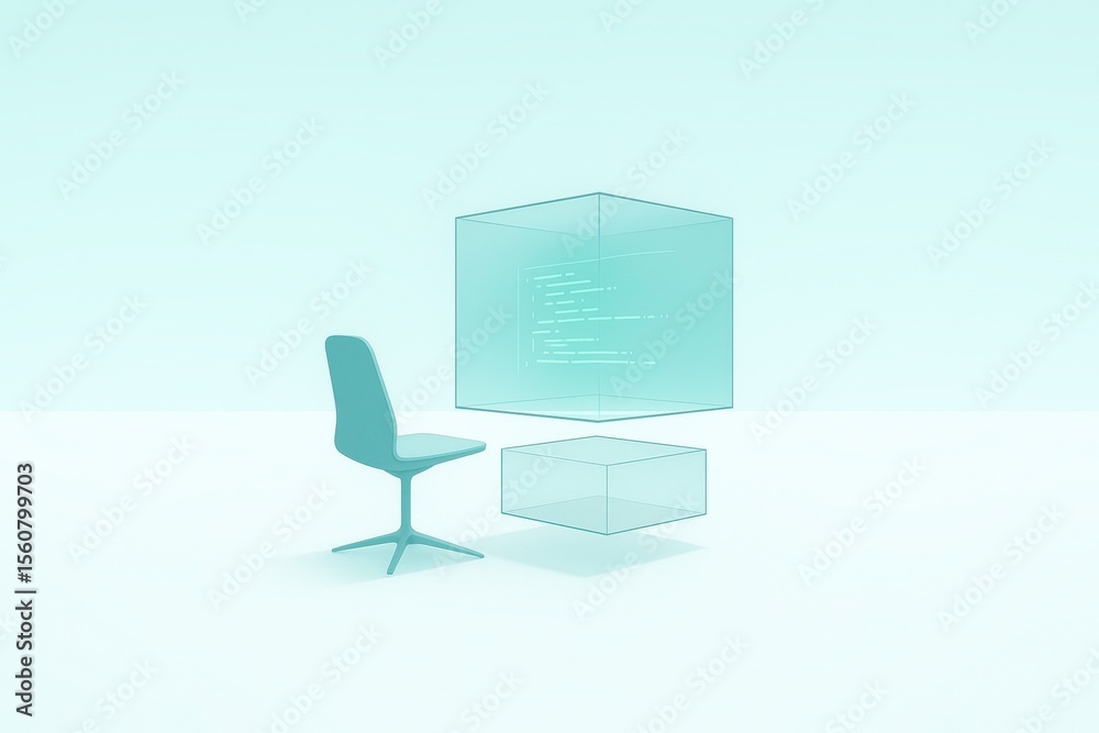 Poster Minimalist Workspace with Transparent Coding Interface and Chair